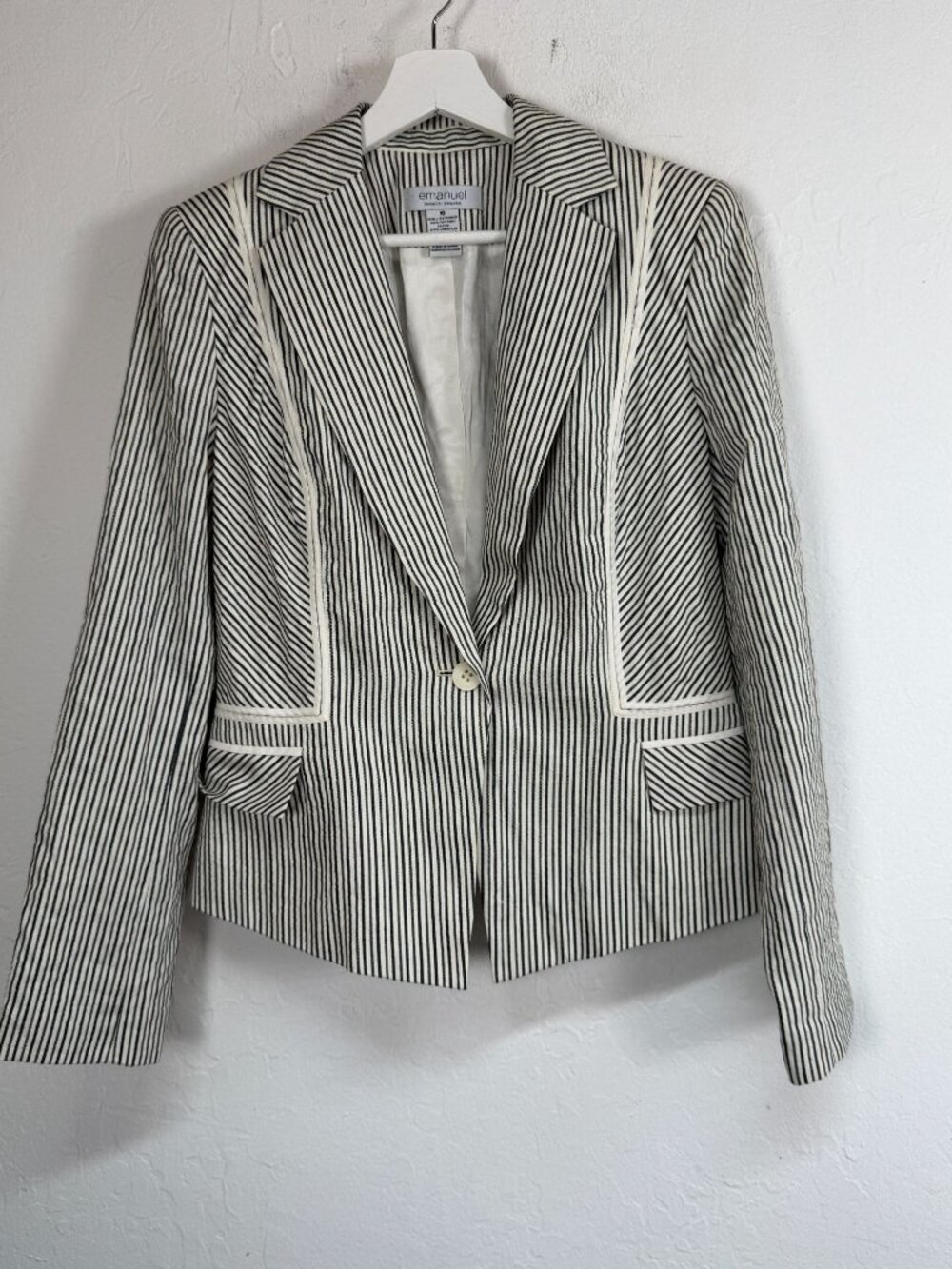 Emanuel Ungaro Women's Navy White Striped Blazer Jacket Linen Blend Size 10